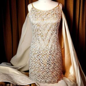 Gold Lace Overlay sheath silhouette Cocktail Dress